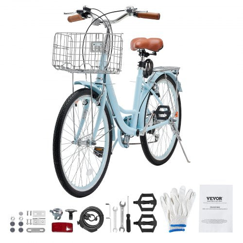 Cruiser Bike 7Speed 24Inch Light Blue Beach With Large Capacity Basket And