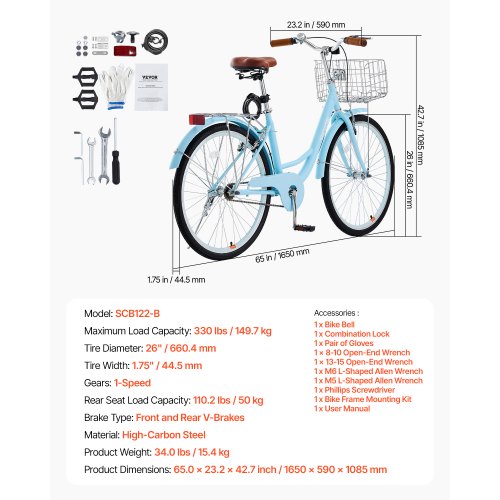 Cruiser Bike 1Speed 26Inch Light Blue Beach With Large Capacity Basket And