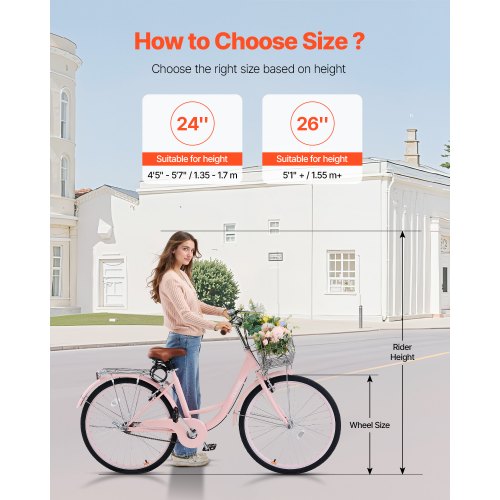 Cruiser Bike 1Speed 26Inch Pink Beach With Large Capacity Basket And Rear Rack