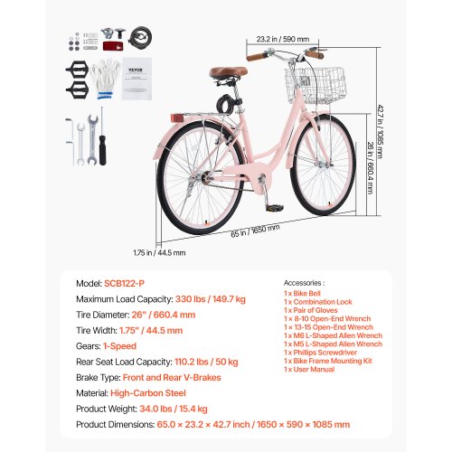 Cruiser Bike 1Speed 26Inch Pink Beach With Large Capacity Basket And Rear Rack