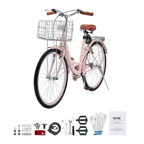 Cruiser Bike 1Speed 26Inch Pink Beach With Large Capacity Basket And Rear Rack
