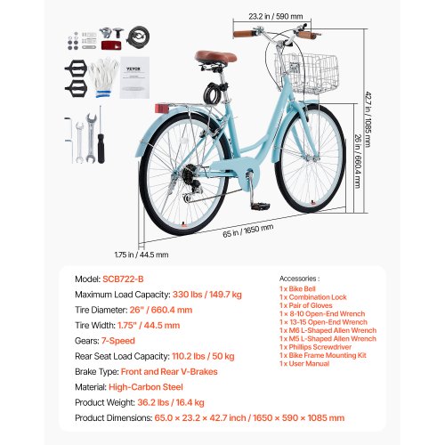 Cruiser Bike 7Speed 26Inch Light Blue Beach With Large Capacity Basket And