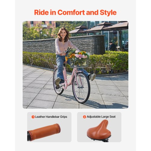 Cruiser Bike 7Speed 26Inch Pink Beach With Large Capacity Basket And Rear Rack