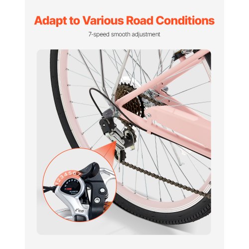 Cruiser Bike 7Speed 26Inch Pink Beach With Large Capacity Basket And Rear Rack