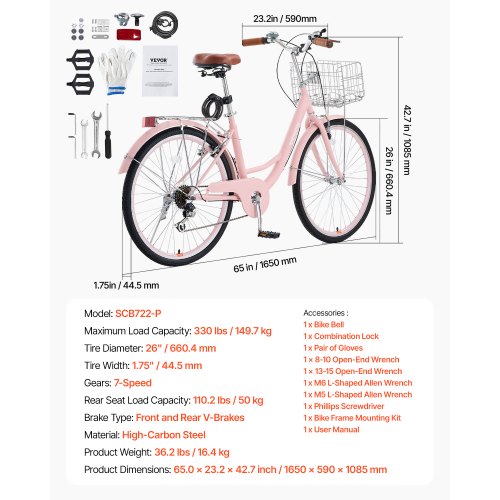 Cruiser Bike 7Speed 26Inch Pink Beach With Large Capacity Basket And Rear Rack