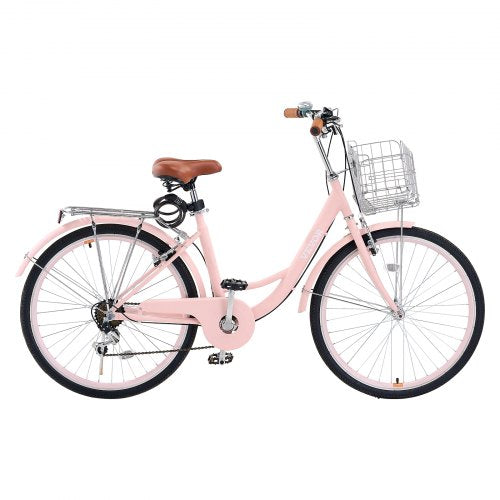 Cruiser Bike 7Speed 26Inch Pink Beach With Large Capacity Basket And Rear Rack