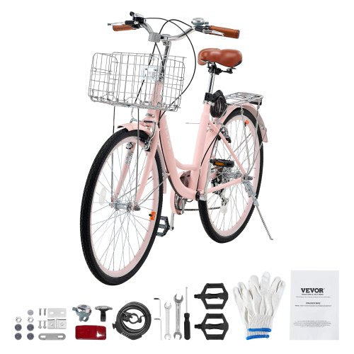 Cruiser Bike 7Speed 26Inch Pink Beach With Large Capacity Basket And Rear Rack