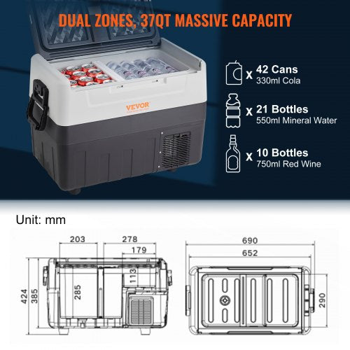 Car Refrigerator 12 Volt Fridge 37 Qt35 L Dual Zone Portable Freezer 450