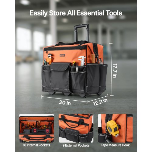 Rolling Tool Bag 110 lbs Load Capacity 27 Pockets Heavy Duty Roller Tool