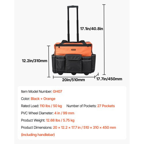 Rolling Tool Bag 110 lbs Load Capacity 27 Pockets Heavy Duty Roller Tool