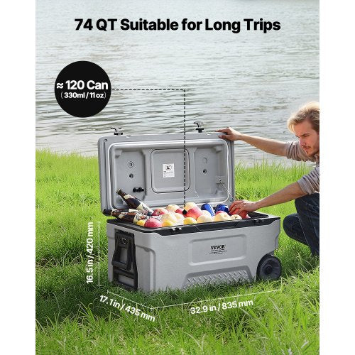 Portable Cooler 74 QT Wheeled Cooler with Ice Retention HeavyDuty Handles