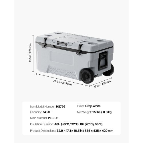 Portable Cooler 74 QT Wheeled Cooler with Ice Retention HeavyDuty Handles