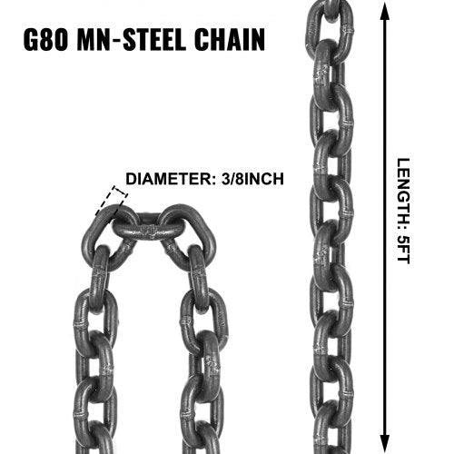 5FT Chain Sling 38 x 5 Double Leg with Grab Hooks Sling Chain 4T Capacity