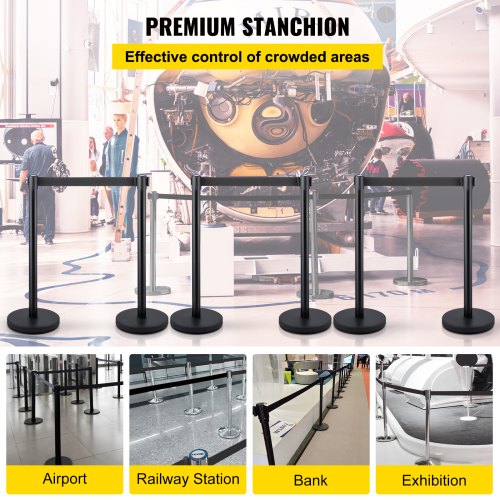 6 PCS Black Stanchion Posts Stainless Steel Stanchion Queue Post Black Belt