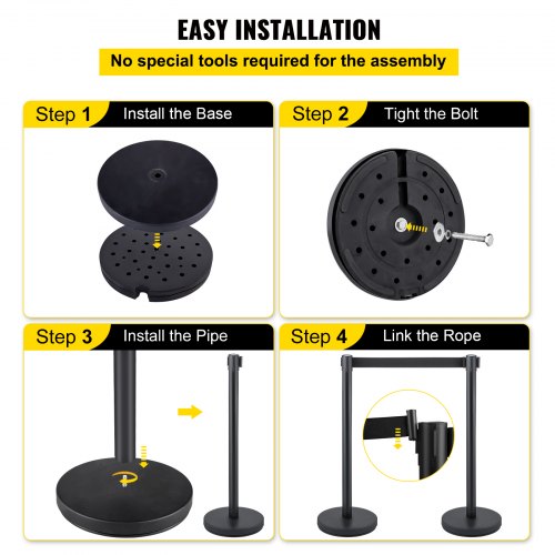 6 PCS Black Stanchion Posts Stainless Steel Stanchion Queue Post Black Belt
