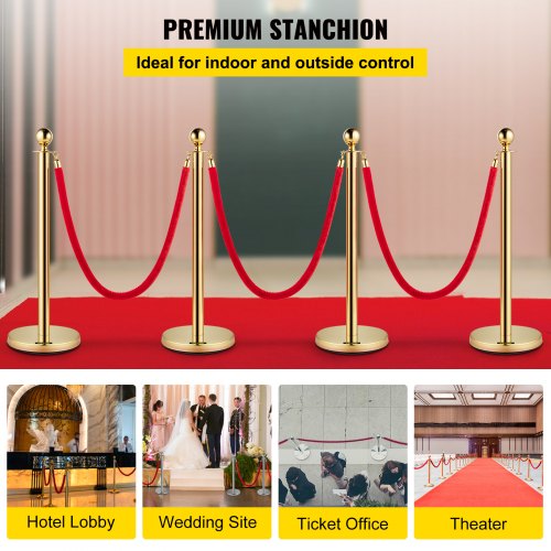 4PCS Gold Stanchion Posts Queue 38 Inch Red Velvet Rope Crowd Control