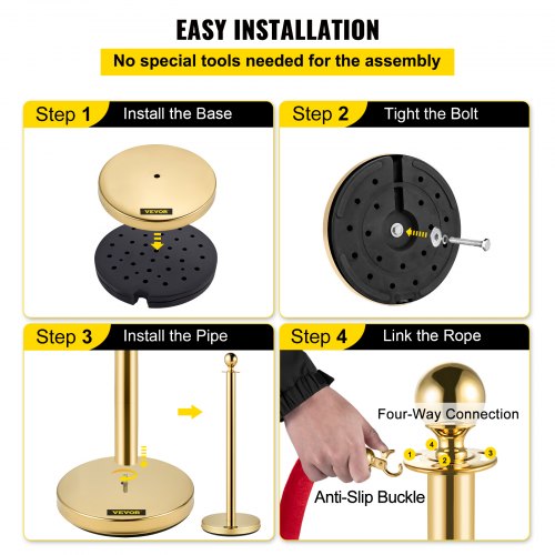 4PCS Gold Stanchion Posts Queue 38 Inch Red Velvet Rope Crowd Control