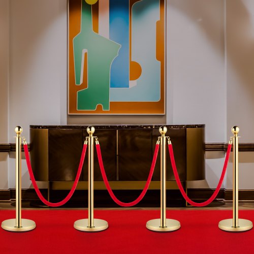 4PCS Gold Stanchion Posts Queue 38 Inch Red Velvet Rope Crowd Control