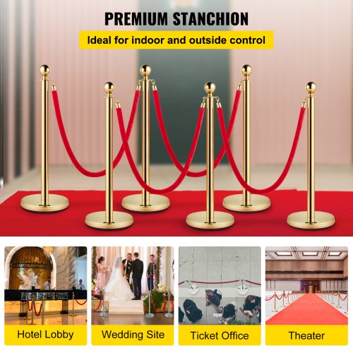 6 PCS Gold Stanchions Posts Stainless Steel Stanchion Queue Post Red Rope
