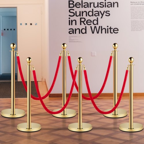 6 PCS Gold Stanchions Posts Stainless Steel Stanchion Queue Post Red Rope