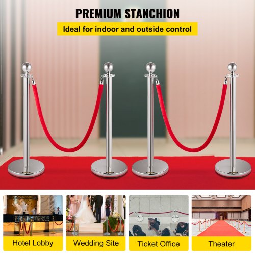 4PCS Stainless Steel Stanchion Posts Queue Red Velvet Ropes Silver Post