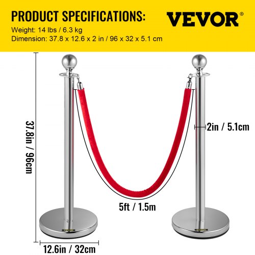 4PCS Stainless Steel Stanchion Posts Queue Red Velvet Ropes Silver Post
