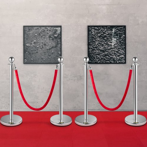 4PCS Stainless Steel Stanchion Posts Queue Red Velvet Ropes Silver Post