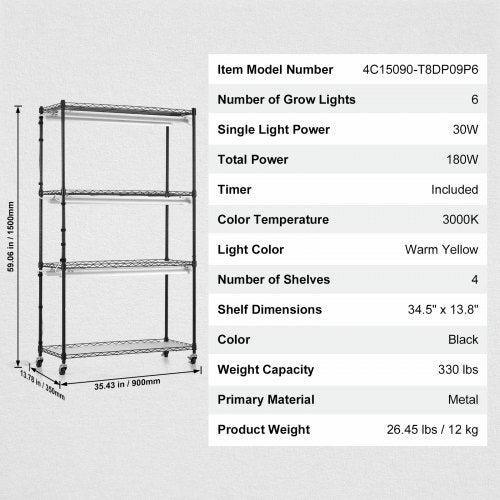 Plant Stand with Grow Light 4 Tiers Plant Shelf with 3000K 180W LED Full