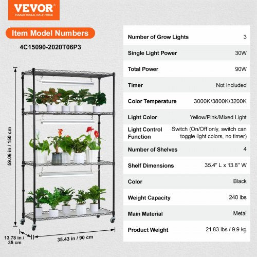 Plant Stand with Grow Light 4 Tier Plant Shelf with 90W Grow Light for Indoor