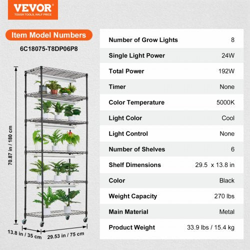DIY Plant Stand with Grow Light 6Tier Large Tall Plant Shelf with 192W