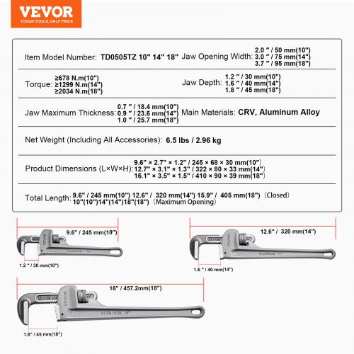 3Piece Pipe Wrench Set 10 14 18 Aluminum Straight Pipe Wrench