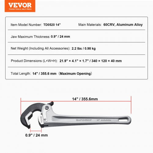 Pipe Wrench 14 Aluminum Straight Pipe Wrench Automatic Jaw Adjustment