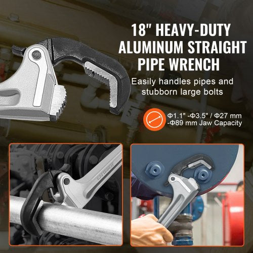 Aluminum Straight Pipe Wrench 18 in Automatic Jaw Adjustment 60CRV Jaw – 2 MM