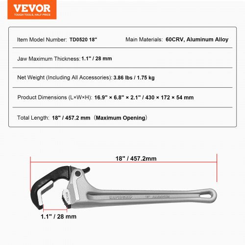Aluminum Straight Pipe Wrench 18 in Automatic Jaw Adjustment 60CRV Jaw – 2 MM