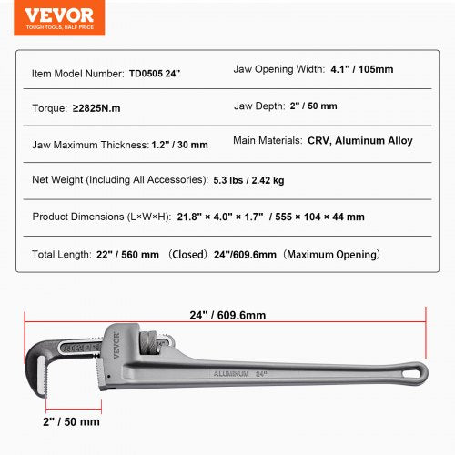 Pipe Wrench 24 Aluminum Straight Pipe Wrench Adjustable Plumbing Wrench