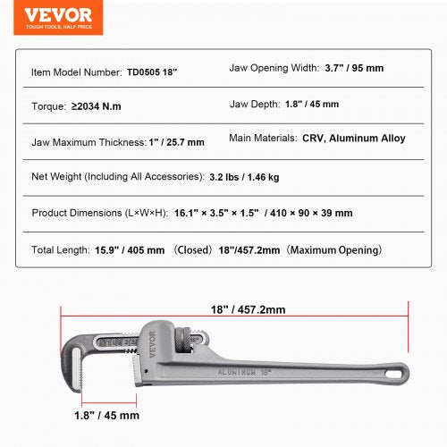 Pipe Wrench 18 Aluminum Straight Pipe Wrench Adjustable Plumbing Wrench