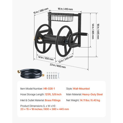 Wall Mounted Garden Hose Reel Holds 125 ft 58inch Hose HeavyDuty Water