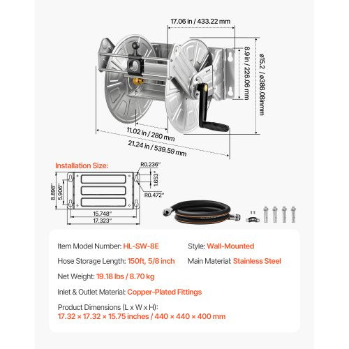 Wall Mounted Garden Hose Reel Holds 150 Ft 58Inch Water Winder Heavyduty