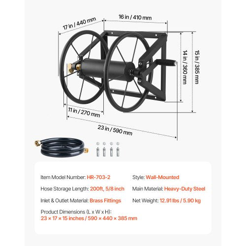 Wall Mounted Garden Hose Reel Holds 200 ft 5/8inch Manual Water Hose