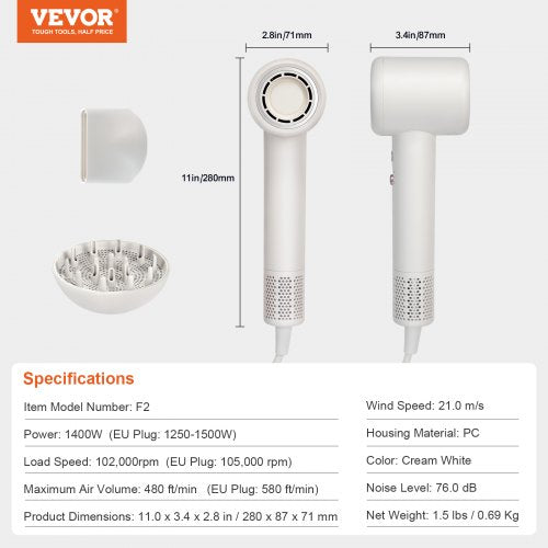 HighSpeed Hair Dryer with 102000RPM Brushless Motor 200 Million Negative