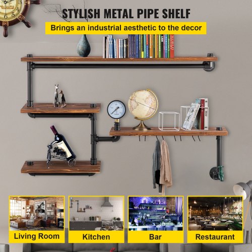 Pipe Shelving Industrial Floating Shelves with 4Tier Solid Wood Planks
