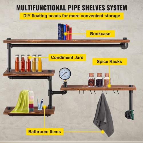 Pipe Shelving Industrial Floating Shelves with 4Tier Solid Wood Planks