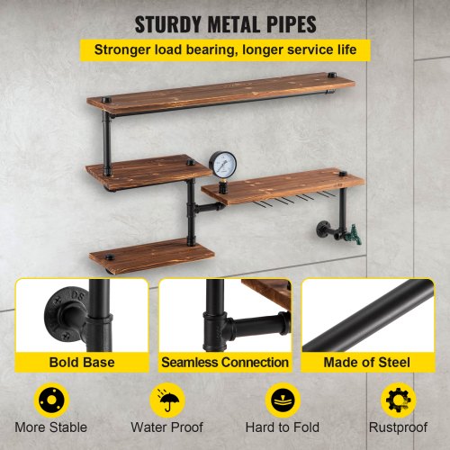 Pipe Shelving Industrial Floating Shelves with 4Tier Solid Wood Planks