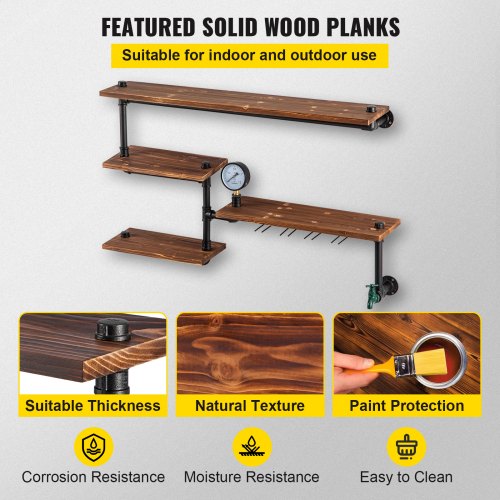 Pipe Shelving Industrial Floating Shelves with 4Tier Solid Wood Planks