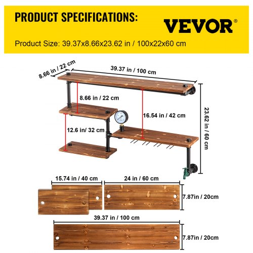 Pipe Shelving Industrial Floating Shelves with 4Tier Solid Wood Planks