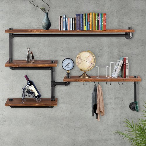 Pipe Shelving Industrial Floating Shelves with 4Tier Solid Wood Planks