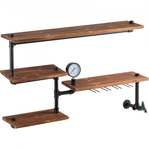 Pipe Shelving Industrial Floating Shelves with 4Tier Solid Wood Planks