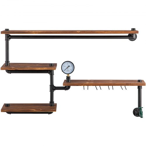 Pipe Shelving Industrial Floating Shelves with 4Tier Solid Wood Planks