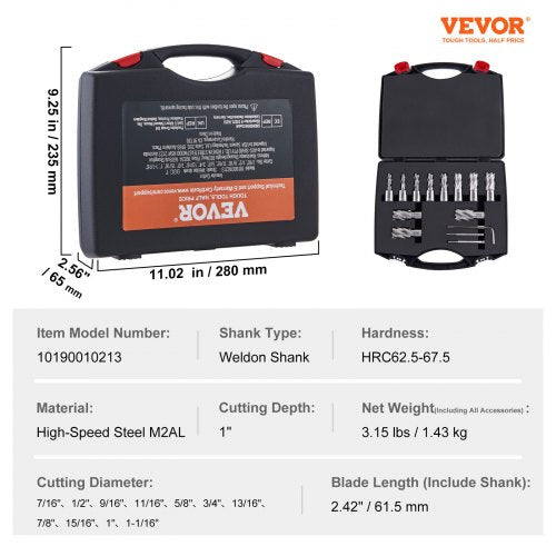 Annular Cutter Set 13 pcs Weldon Shank Mag Drill Bits 716 to 1116