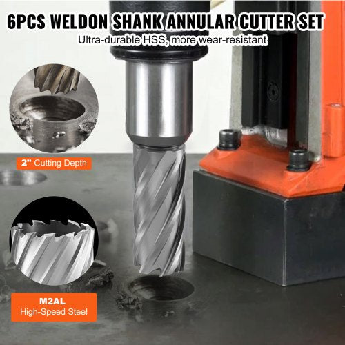 Annular Cutter Set 6 pcs Weldon Shank Mag Drill Bits 1 to 2 Cutting
